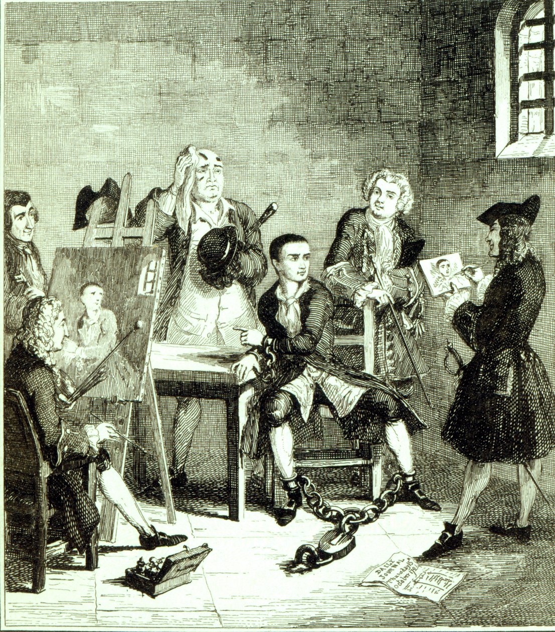 Jack Newgate Wardissa, jolla on Sir James Thornhillin ja William Hogarthin ottamia muotokuvia, kuvitus William Harrison Ainsworthin julkaisusta "Jack Sheppard: A Romance", julkaistu 1839 tekijältä George Cruikshank