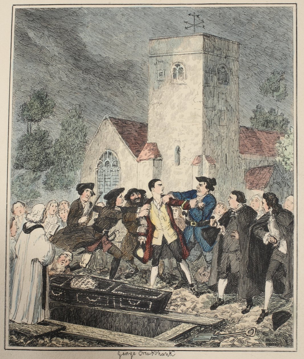 Jonathan Wild tarttuu Jackiin hänen äitinsä hautajaisissa Willesdenin kirkkomaalla, kuvitus Jack Sheppardilta: A Romance, William Harrison Ainsworth, julkaistu 1839 (käsin väritetty etsaus). tekijältä George Cruikshank