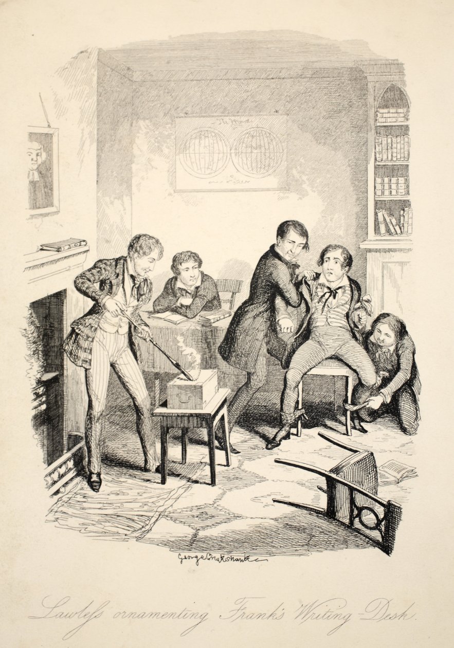Lawleys koristelemassa Franksin kirjoituspöytää, teoksesta Frank Fairlegh or Scenes From the Life of a Private Pupil, pub. n. 1870. tekijältä George Cruikshank