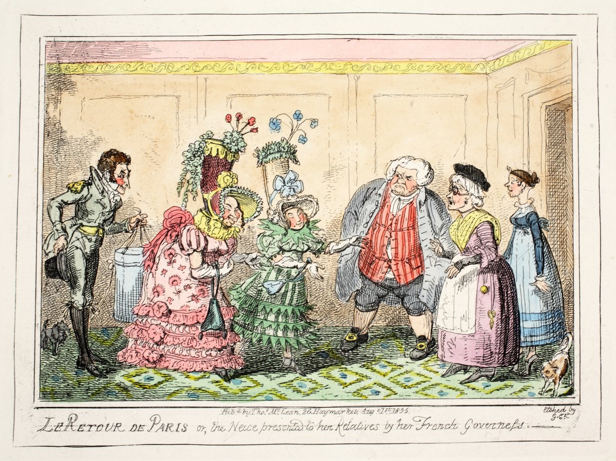 Le Retour de Paris, tai veljentytär, jonka hänen ranskalainen kuvernöörinsä esitti sukulaisilleen, pubi. 1835 (käsinvärinen etsaus) tekijältä George Cruikshank