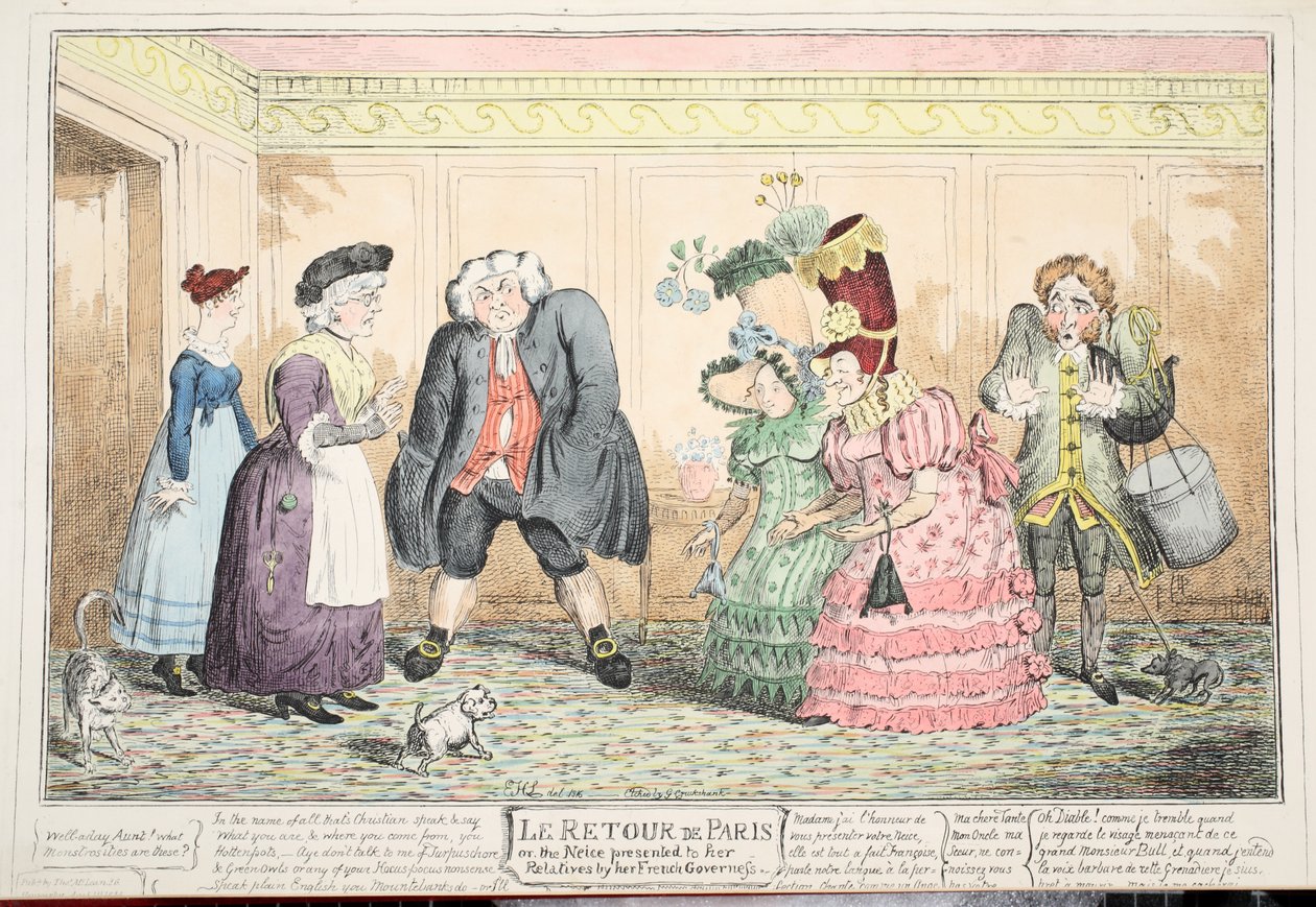 Le Retour de Paris, tai veljentytär, jonka hänen Ranskan kuvernöörinsä lahjoitti sukulaisilleen, 1816 (käsinvärinen kaiverrus) tekijältä George Cruikshank