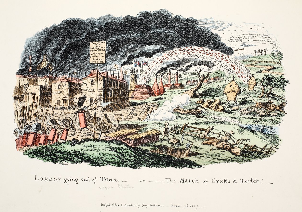 London Going out of Town tai "The March of Bricks and Mortar", 1829 (käsinvärinen kaiverrus) tekijältä George Cruikshank