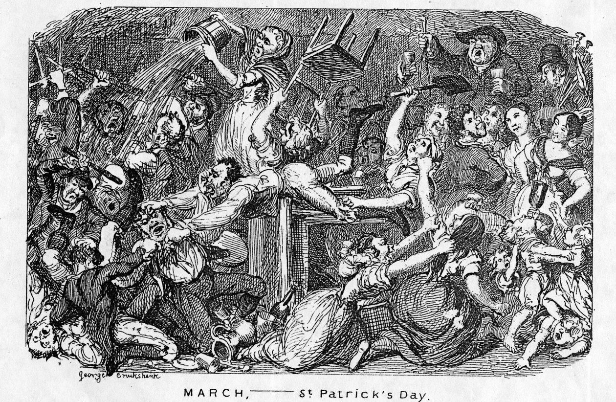 maaliskuu - Pyhän Patrickin päivä, sarjakuva-almanackista, 1838 tekijältä George Cruikshank