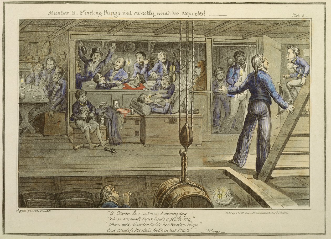 Mestari B löysi asioita, jotka eivät olleet aivan sitä, mitä hän odotti, Thomas McLeanin julkaisusta "The Progress of a Midshipman", 1. elokuuta 1835 (värillinen akvatinta) tekijältä George Cruikshank