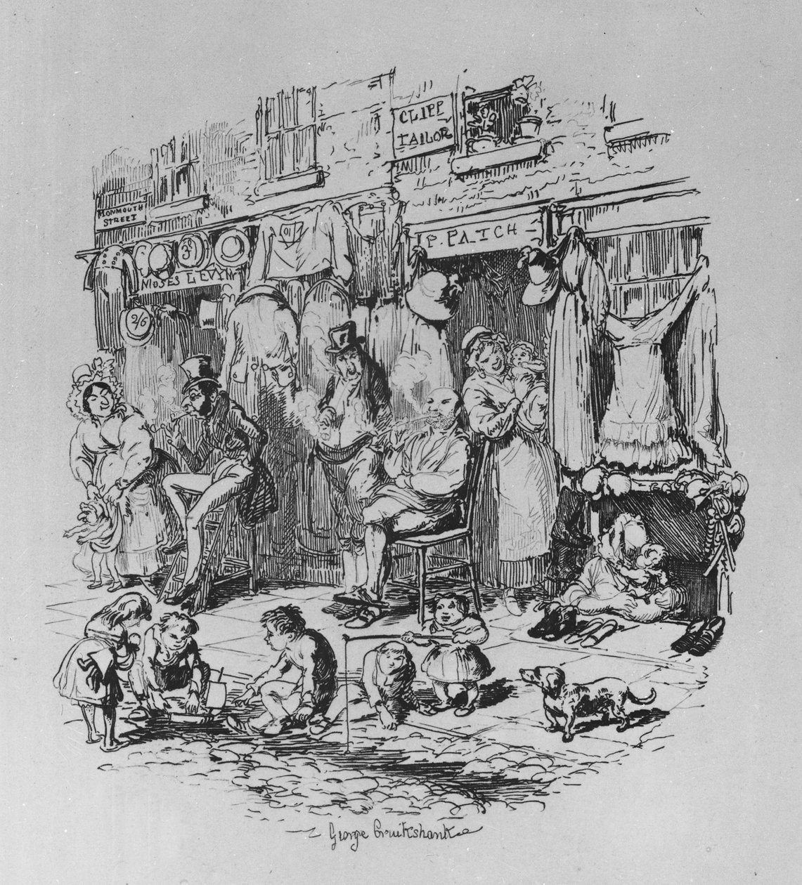 Monmouth Street, kuvitus Charles Dickensin Sketches by Bozista, 1836 tekijältä George Cruikshank