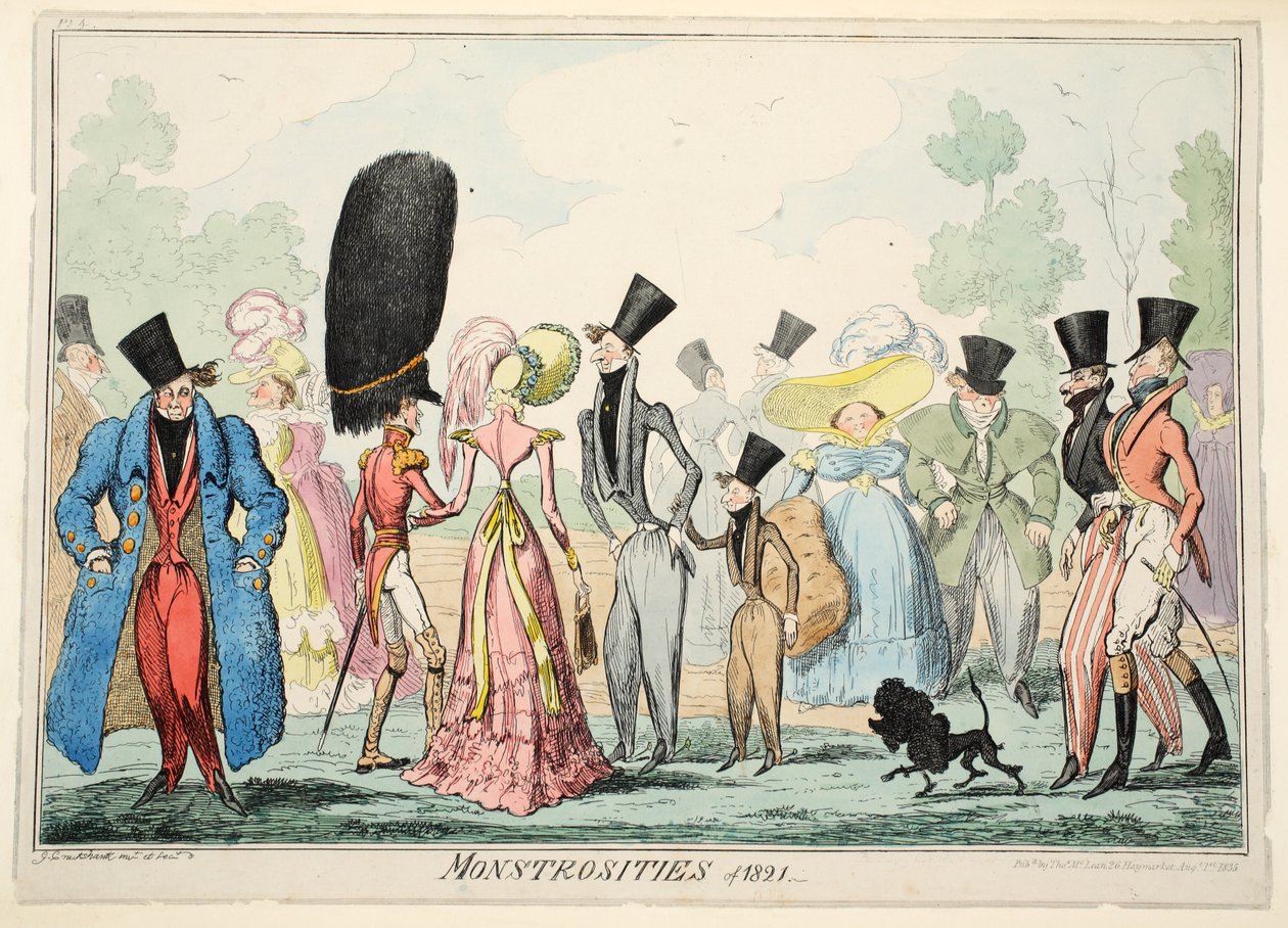 Monstrosities of 1821, pub. 1835 (käsin väritetty kaiverrus) tekijältä George Cruikshank