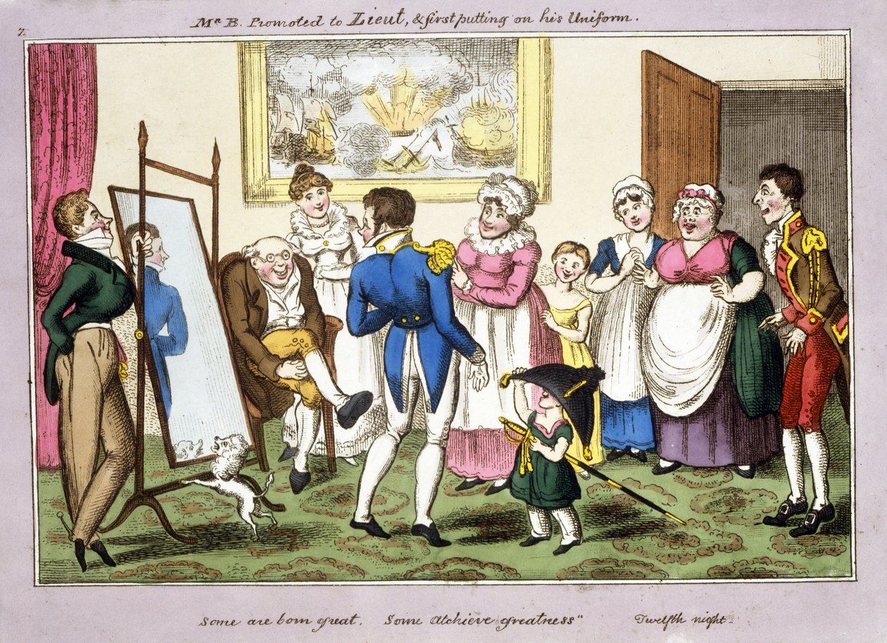 herra B. ylennettiin luutniksi. ja pukeutui ensimmäisen kerran univormunsa, 1835 (käsinvärinen akvatinta) tekijältä George Cruikshank