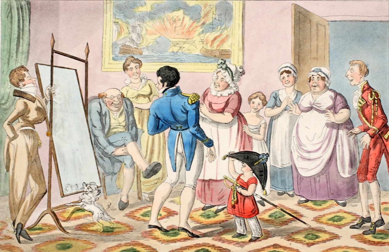 Herra B ylennetään luutnantiksi ja pukee ensimmäisen kerran univormunsa ylleen, kirjasta The Progress of a Midshipman, pub. 1835 (käsin väritetty kaiverrus). tekijältä George Cruikshank
