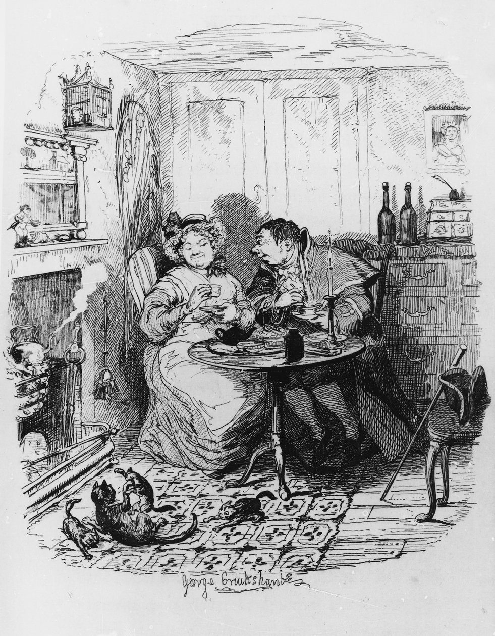 Herra Bumble ja rouva Corney teetä juomassa, Charles Dickensin (1812-70) teoksesta "Oliver Twistin seikkailut" 1838. tekijältä George Cruikshank