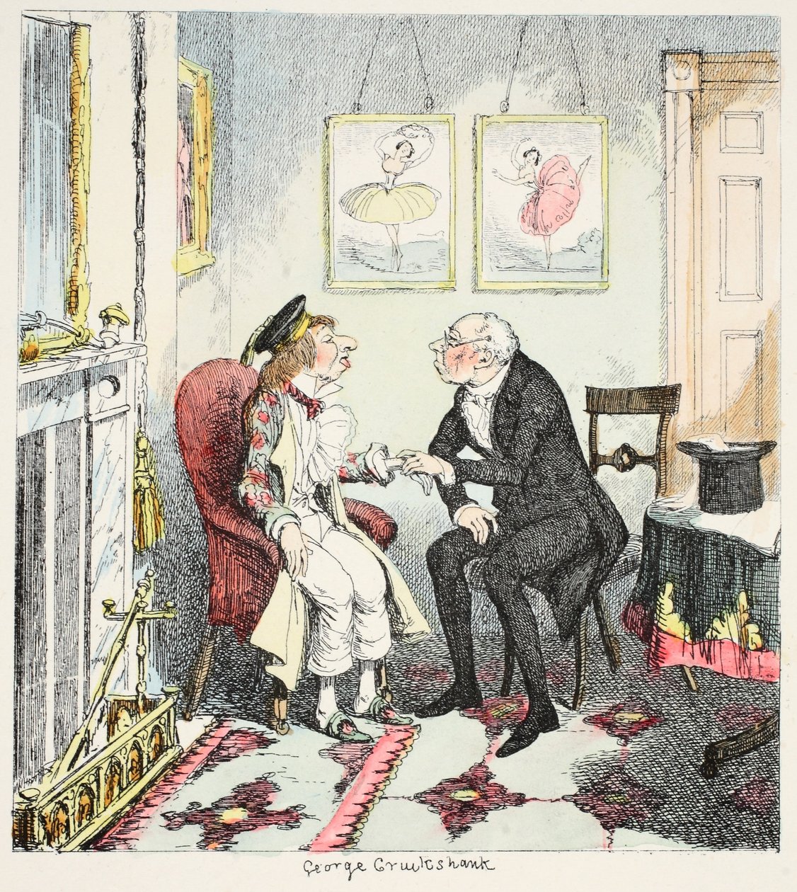 Herra Lambkin huomaa, että hän on kulkenut hieman liian nopeasti mittauksen ja huvin tavoittelussa, teoksesta The Bachelors Own Book or the Progress of Mr Lambkins, pub. 1844 tekijältä George Cruikshank
