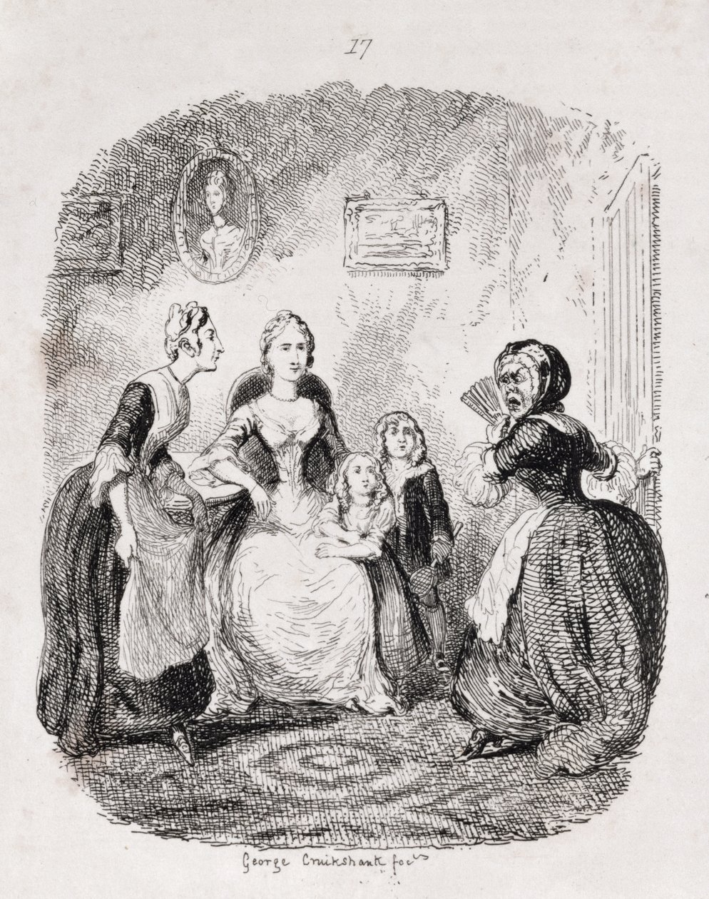 Rouva Ellisonin Rage upon Finding yourself Detected, kirjasta "Amelia", taiteilijan kaiverrus, kuvitus "The Works of Henry Fieldingistä", pub. kirjoittanut Henry G. Bohn, 1853 tekijältä George Cruikshank