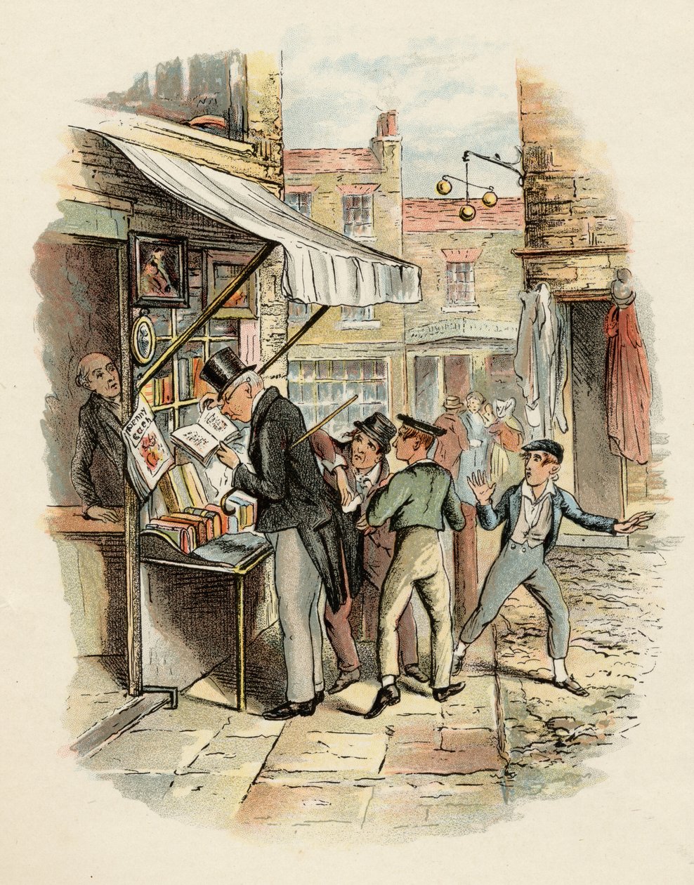 Oliver hämmästyi Dodgers-moodista "Going to Work", Charles Dickensin (1812-70) "Oliver Twistin seikkailuista" 1838, julkaissut Chapman ja Hall, 1901 (värilitho) tekijältä George Cruikshank