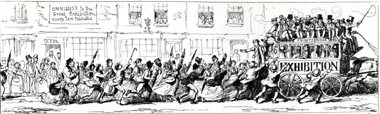 "Omnibuss to the Great Exhibition kymmenen minuutin välein", yksityiskohta Odds and Endsistä, sisään, ulos ja noin, 1851 (yksityiskohta 151675) tekijältä George Cruikshank