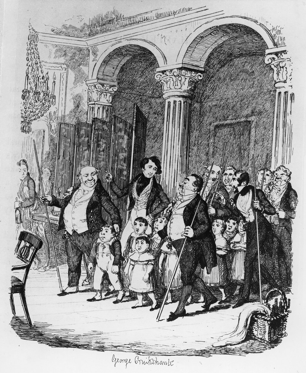 Julkiset illalliset, kuvitus teoksesta "Sketches by Boz", 1836 tekijältä George Cruikshank
