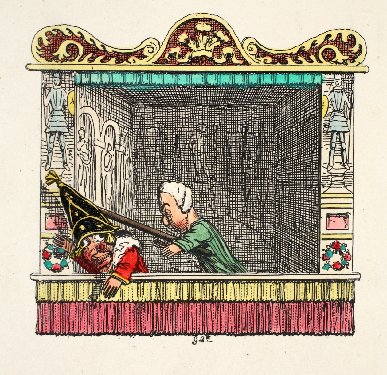 Punch and Judy -pubin Doctor lyönyt Punchiin takaapäin. 1827 (käsinvärinen kaiverrus) tekijältä George Cruikshank