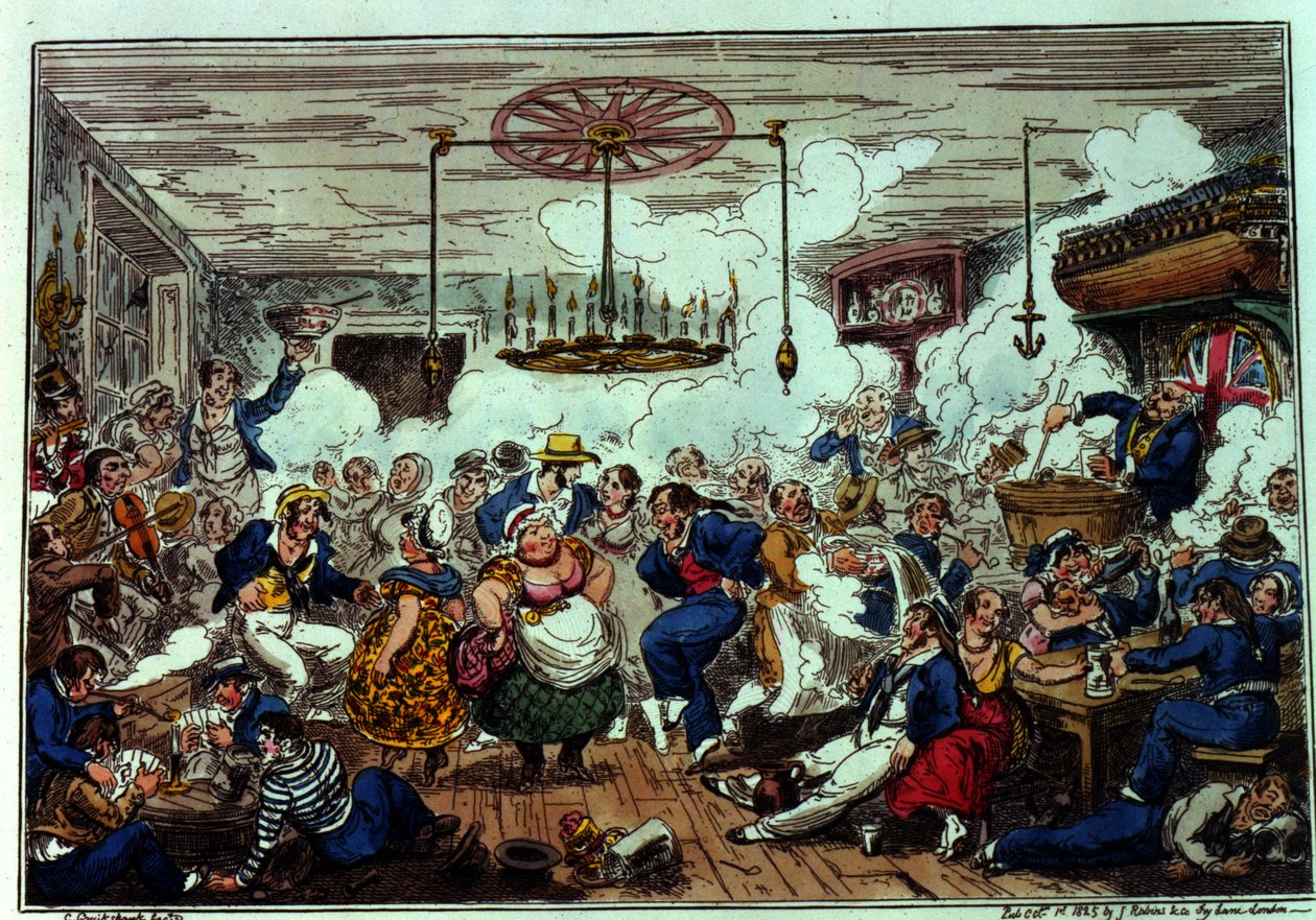 Sailors Carousing eli kurkistus pitkässä huoneessa, julkaisija James Robins und Co., 1. lokakuuta 1825 (värillinen etsaus) tekijältä George Cruikshank