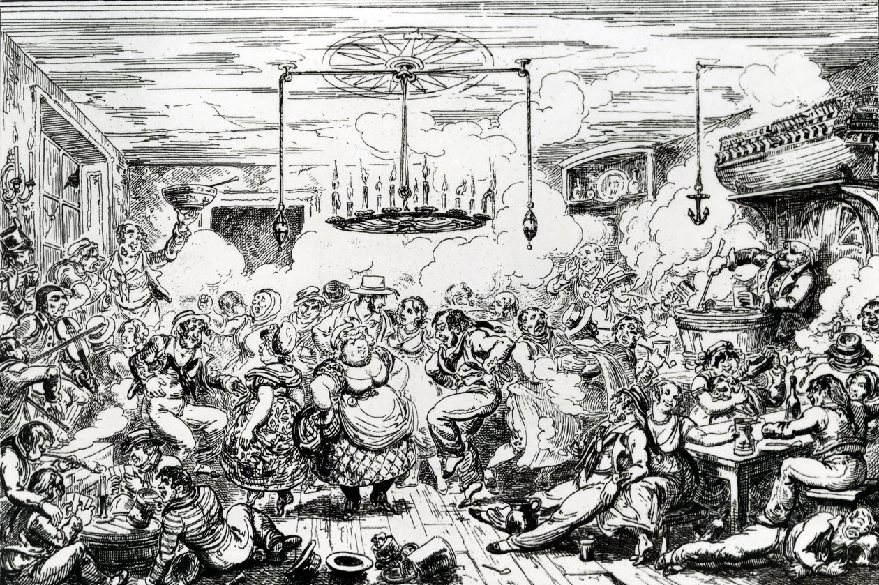 Merimiehet kiipeilemässä tai kurkistus Pitkässä huoneessa, 1825 tekijältä George Cruikshank
