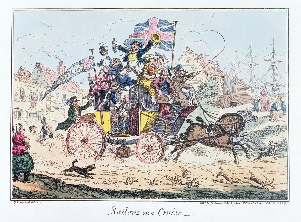 Merimiehet risteilyllä, julkaisija James Robins, 1.9.1825 (värillinen etsaus) tekijältä George Cruikshank
