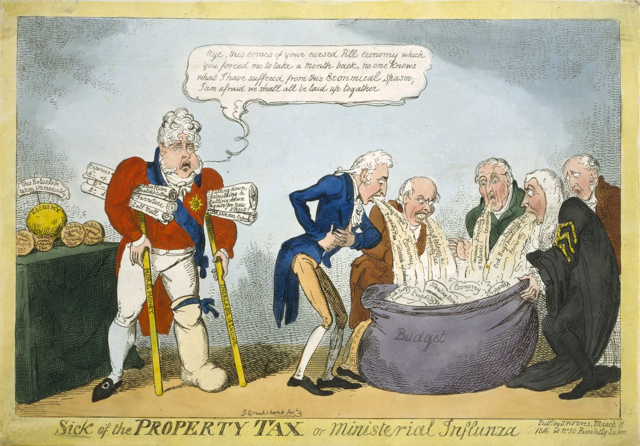 Kiinteistöveron sairaus tai ministeri-influenssa, 1816 (käsinvärinen etsaus) tekijältä George Cruikshank