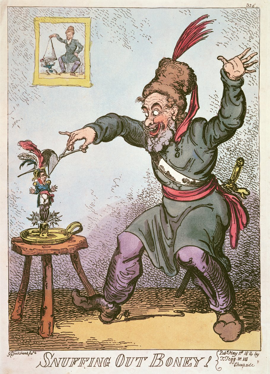 Snuffing out Boney, 1814 (värillinen litografia) tekijältä George Cruikshank