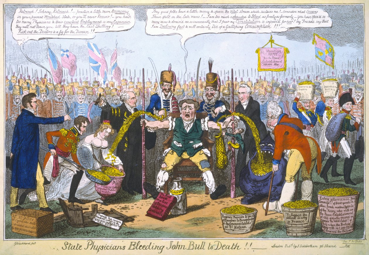 Valtionlääkärit vuotamassa John Bullin kuoliaaksi!!, 1816 (käsinvärinen kaiverrus) tekijältä George Cruikshank