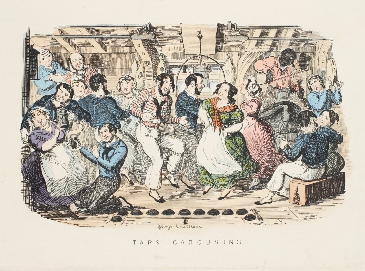 Tars Carousing, kappaleesta "Songs, Naval and National: Of the Late Charles Dibdin", pub. 1841 (käsinvärinen kaiverrus) tekijältä George Cruikshank