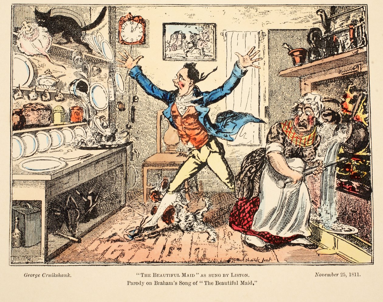 The Beautiful Maid sellaisena kuin Liston sen laulaa, pub. 1811 (käsin väritetty kaiverrus) tekijältä George Cruikshank