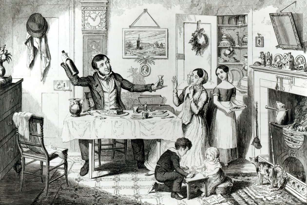 Pullo, levy I, Pullo valmistetaan ensimmäistä kertaa: aviomies taivuttelee vaimoaan "ottamaan vain pisaran", 1847, tekijältä George Cruikshank