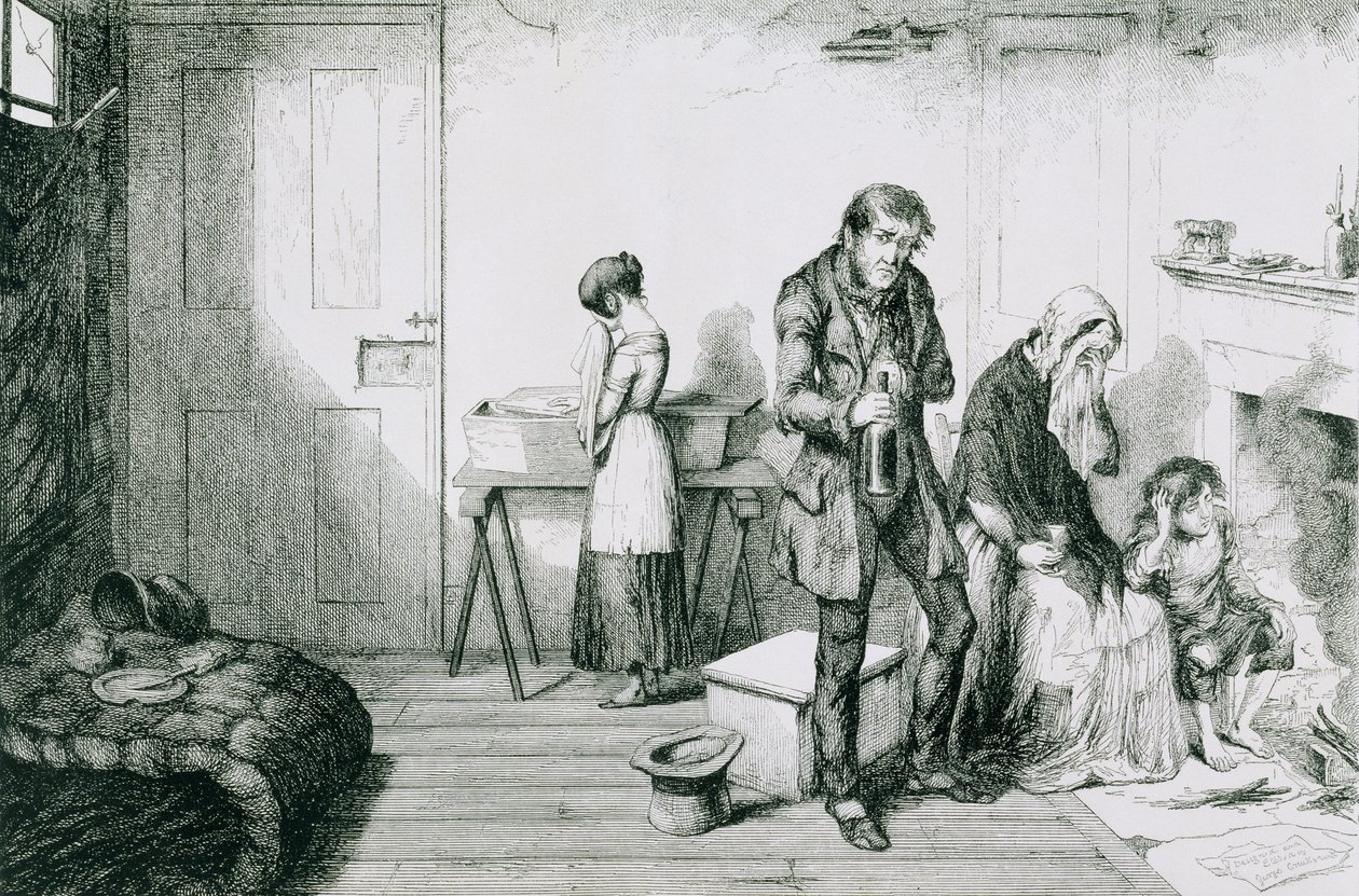 Pullo, lautanen V, kylmä, kurjuus ja halu tuhoavat heidän nuorimman lapsensa: he lohduttavat itseään pullolla, 1847 tekijältä George Cruikshank