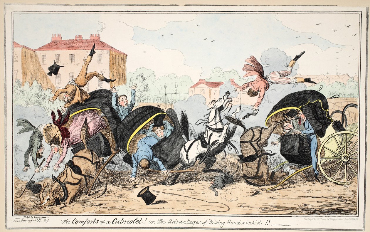 Cabrioletin mukavuudet - tai - Hupparilla ajamisen edut, pub. 1835 (käsin väritetty kaiverrus). tekijältä George Cruikshank