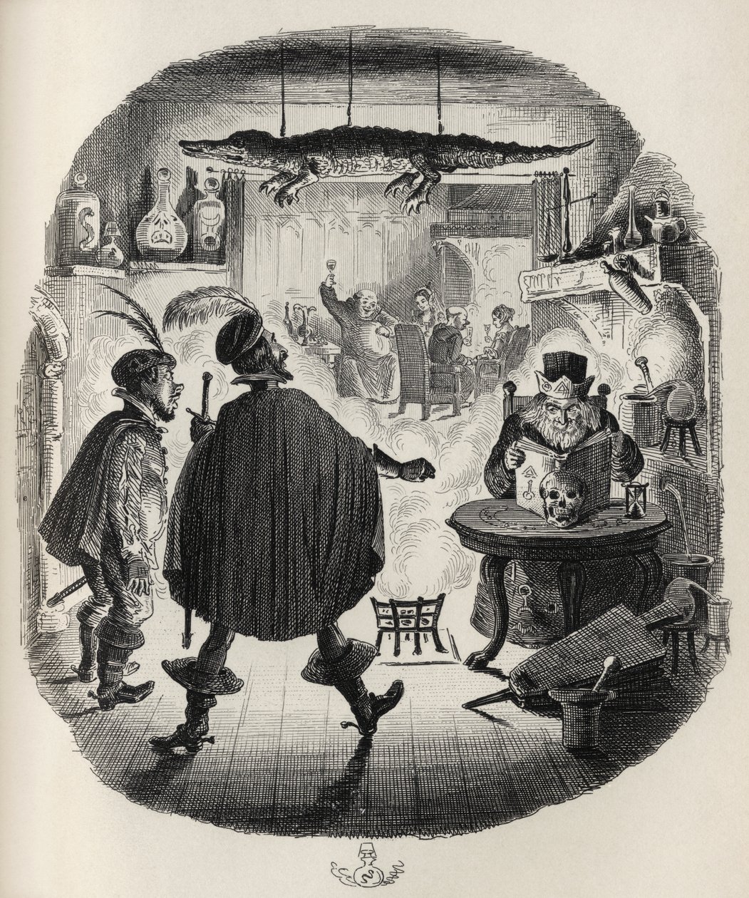 The Conjuror, Thomas Ingoldsbyn teoksesta "The Ingoldsby Legends", julkaisija Richard Bentley und Son, 1887 tekijältä George Cruikshank