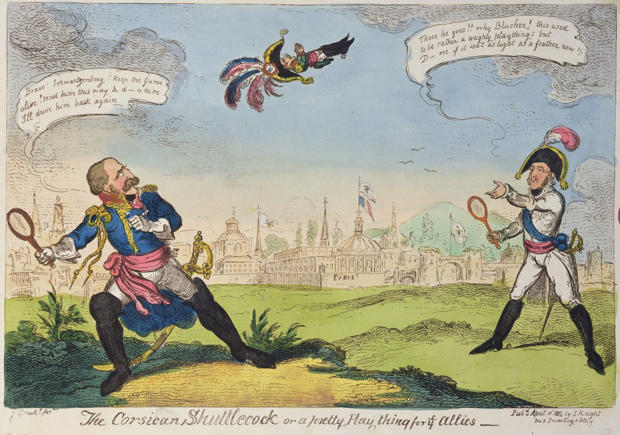 Corsican Shuttlecock, 1814 (värillinen litografia) tekijältä George Cruikshank