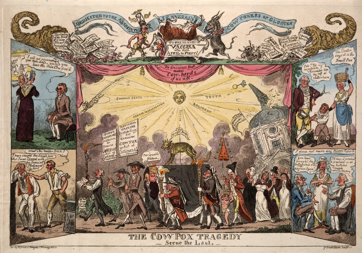 The Cow Pox Tragedy - Scene The Last, pub. Lontoo, 1812 (käsinvärinen kaiverrus) tekijältä George Cruikshank