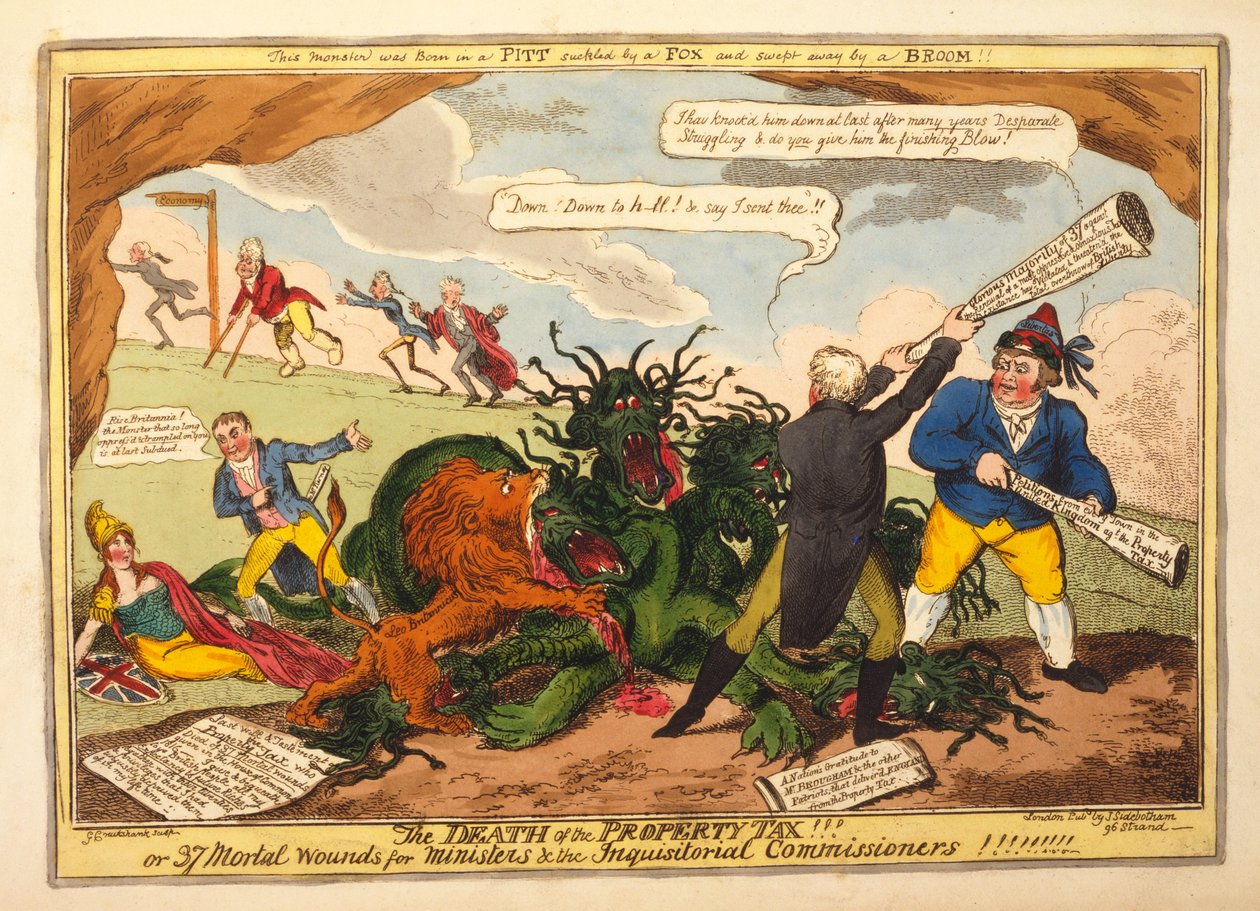 Kiinteistöveron kuolema!! tai 37 Mortal Wounds for Ministers and the Inquisitional Commissioners, pub. 1816 (käsinvärinen kaiverrus) tekijältä George Cruikshank