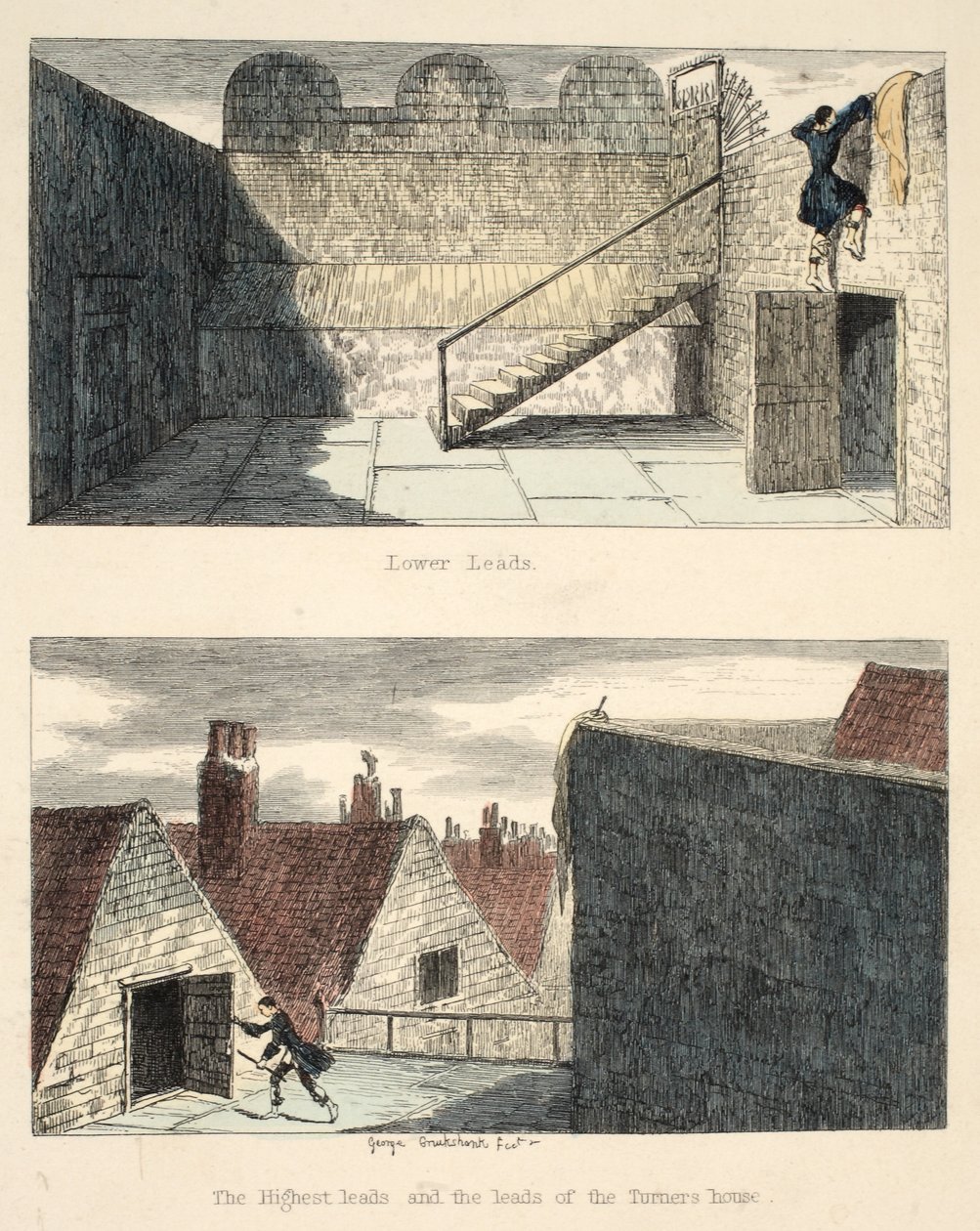Pako nro 3, Jack Sheppardin kuvitus: A Romance, William Harrison Ainsworth, julkaistu 1839 (käsin väritetty etsaus). tekijältä George Cruikshank