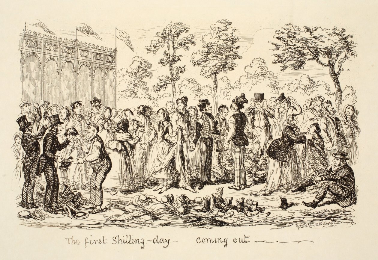 Ensimmäinen shillinkipäivä - Tulossa, pubi. 1851 tekijältä George Cruikshank