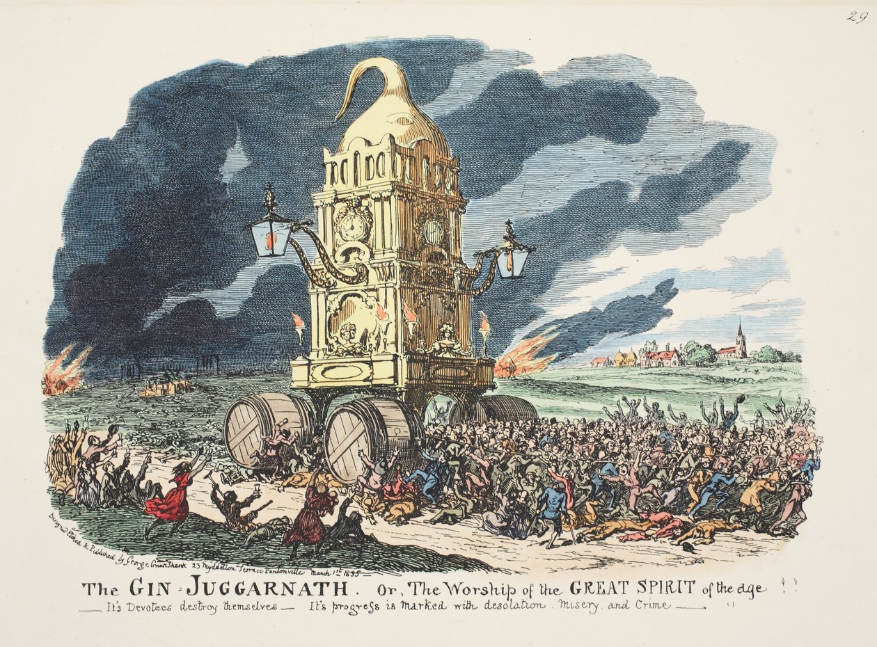 Gin Juggarnath tai aikakauden suuren hengen palvonta!! - Sen kannattajat tuhoavat itsensä - Sen edistymistä leimaa autio, kurjuus ja rikollisuus, pubi. 1835 (käsinvärinen kaiverrus) tekijältä George Cruikshank