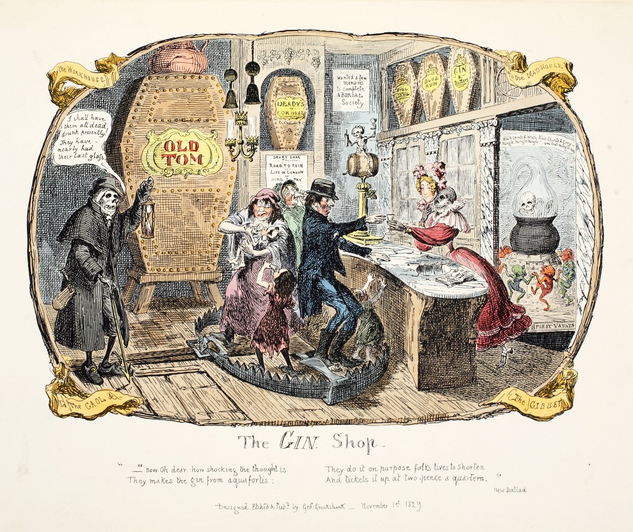 Gin Shop, pubi. 1829 (käsinvärinen kaiverrus) tekijältä George Cruikshank