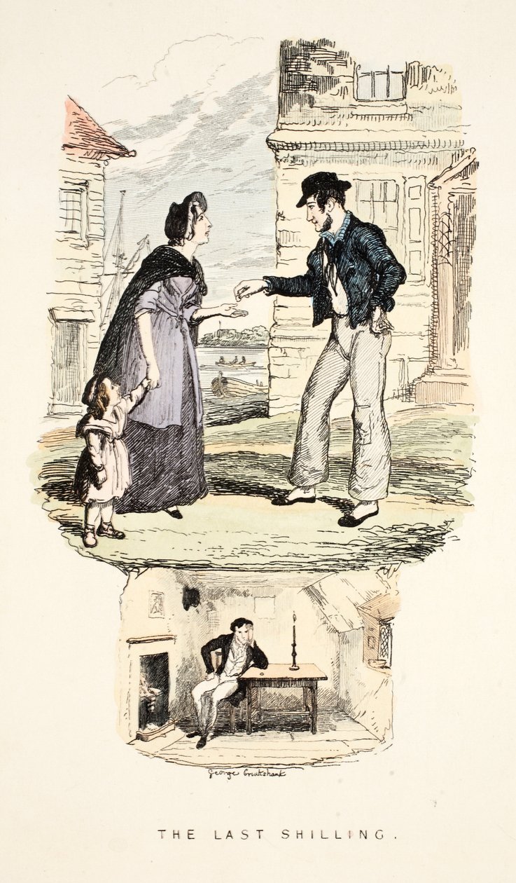 The Last Shilling, kappaleesta "Songs, Naval and National: Of the Late Charles Dibdin", pub. 1841 (käsinvärinen kaiverrus) tekijältä George Cruikshank