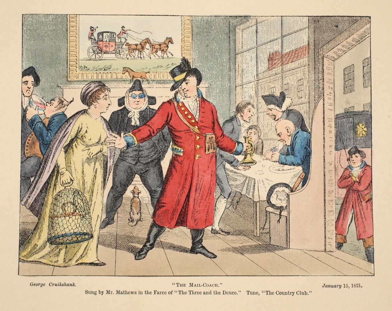 The Mail-Coach, jonka herra Mathews laulaa farssissa The Three and the Deuce. Sävel, The Country Club, pub. 1821 (käsin väritetty kaiverrus). tekijältä George Cruikshank
