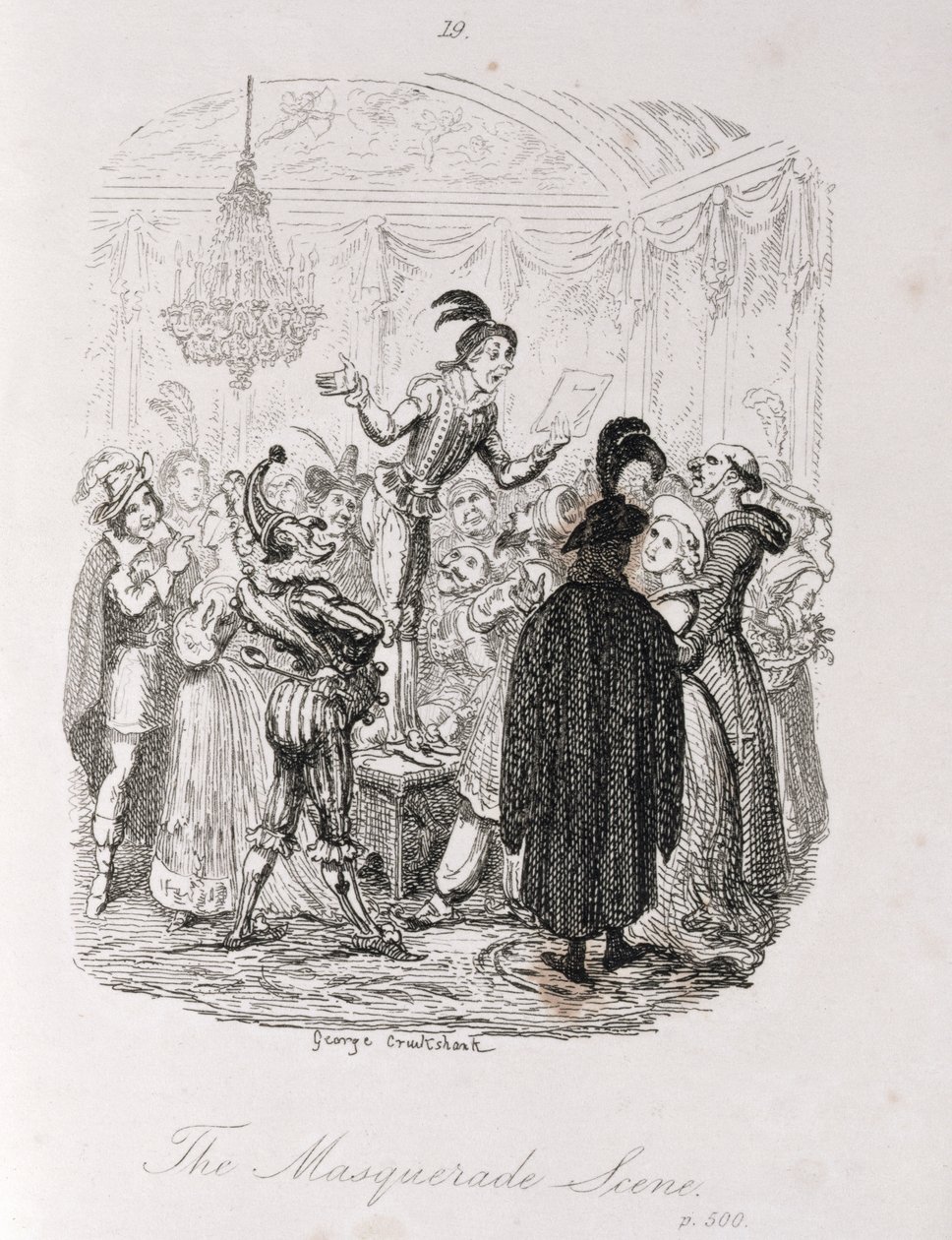 Naamiaiskohtaus, Ameliasta, taiteilijan kaivertama, kuvitus Henry Fieldingin teoksista, pub. kirjoittanut Henry G. Bohn, 1853 tekijältä George Cruikshank