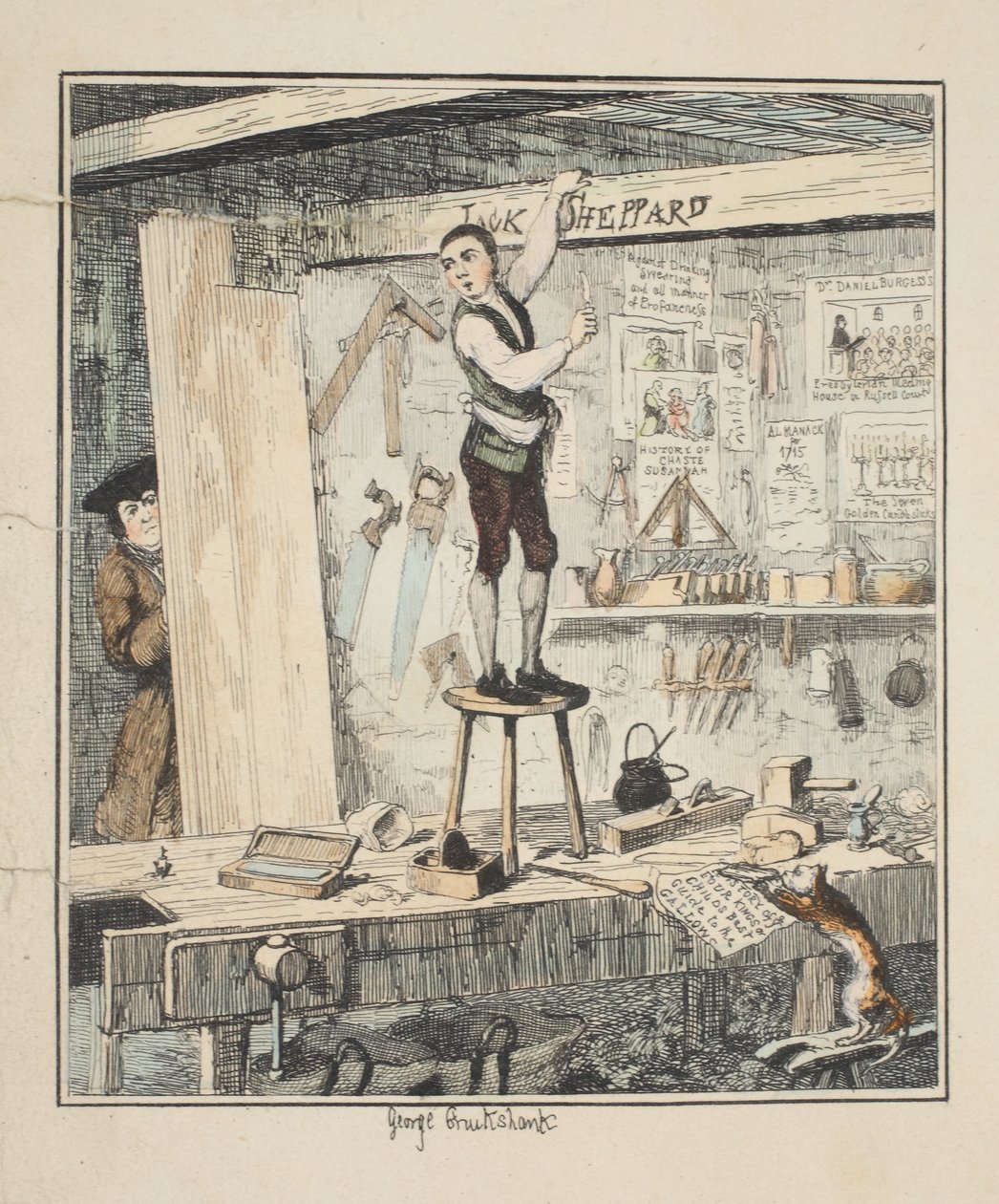 The Name on the Beam, kuvitus Jack Sheppard: A Romance, William Harrison Ainsworth, julkaistu 1839 (käsinvärinen etsaus) tekijältä George Cruikshank