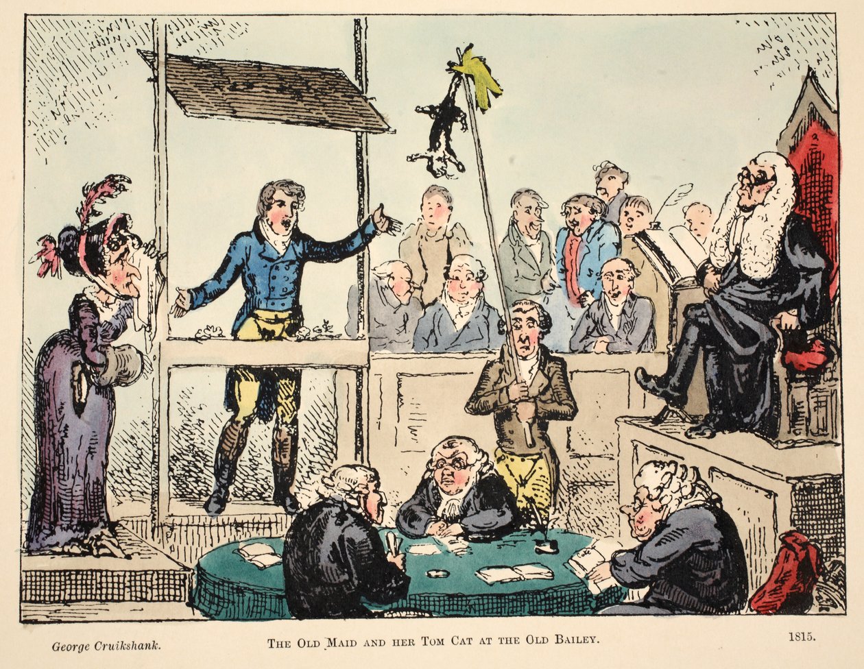 Vanha piika ja hänen Tom Cat Old Baileyssa, pubissa. 1815 (käsinvärinen kaiverrus) tekijältä George Cruikshank