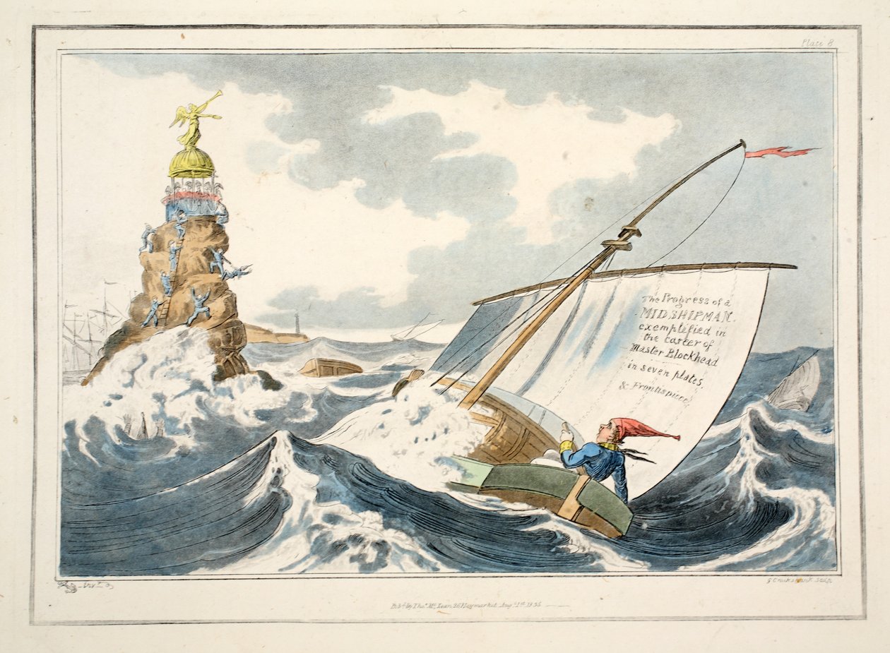 The Progress of a Midshipman on esimerkki Master Blockheadin urasta seitsemässä levyssä ja Frontispiecessa, 1835 (käsinvärinen kaiverrus) tekijältä George Cruikshank