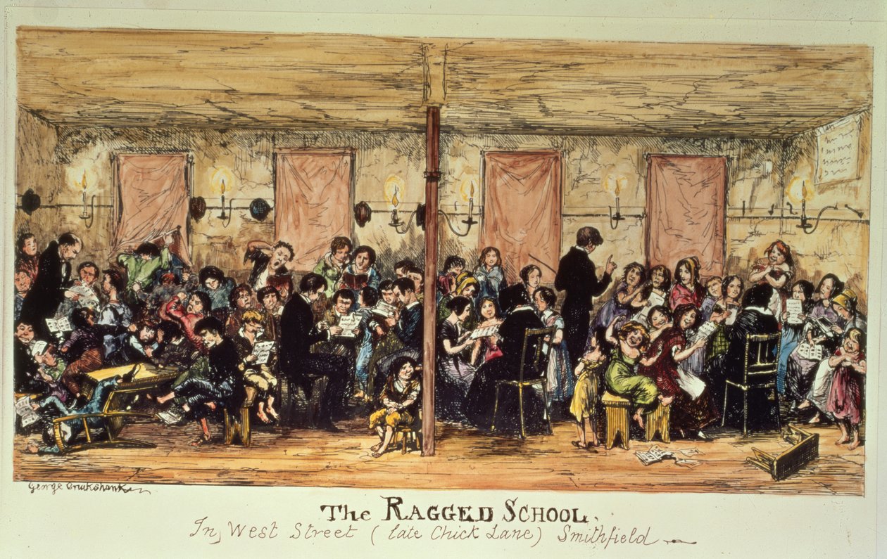 The Ragged School, West Street (aiemmin Chick Lane), Smithfield (painettu) tekijältä George Cruikshank
