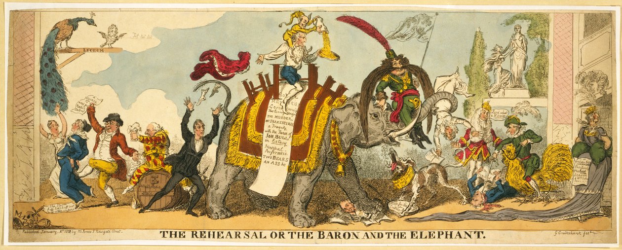 Harjoitus tai Baron ja Elefantti, pubi. 1812 (käsinvärinen kaiverrus) tekijältä George Cruikshank