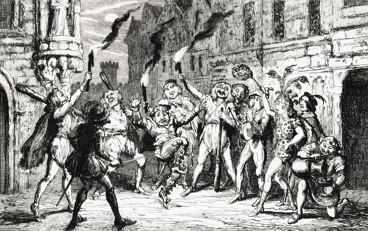 The Revellers, piirros Sir Walter Scottin (1771-1832) teoksesta "The Fair Maid of Perth", julkaistu 1845 tekijältä George Cruikshank