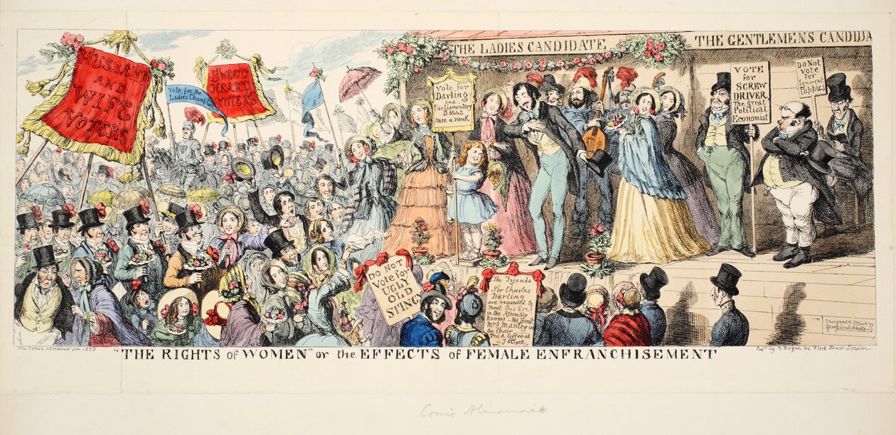 The Rights of Women or The Effects of Female Enfranchisement, pub. 1853 (käsinvärinen kaiverrus) tekijältä George Cruikshank