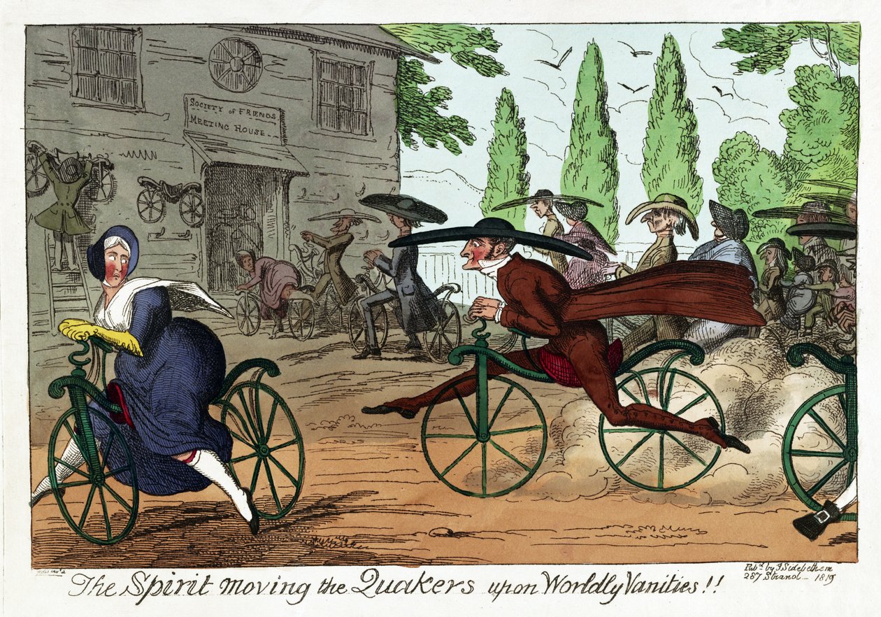 Henki liikuttaa kveekarit maailmallisiin turhuuksiin!!, pub. 1819 (käsinvärinen kaiverrus) tekijältä George Cruikshank