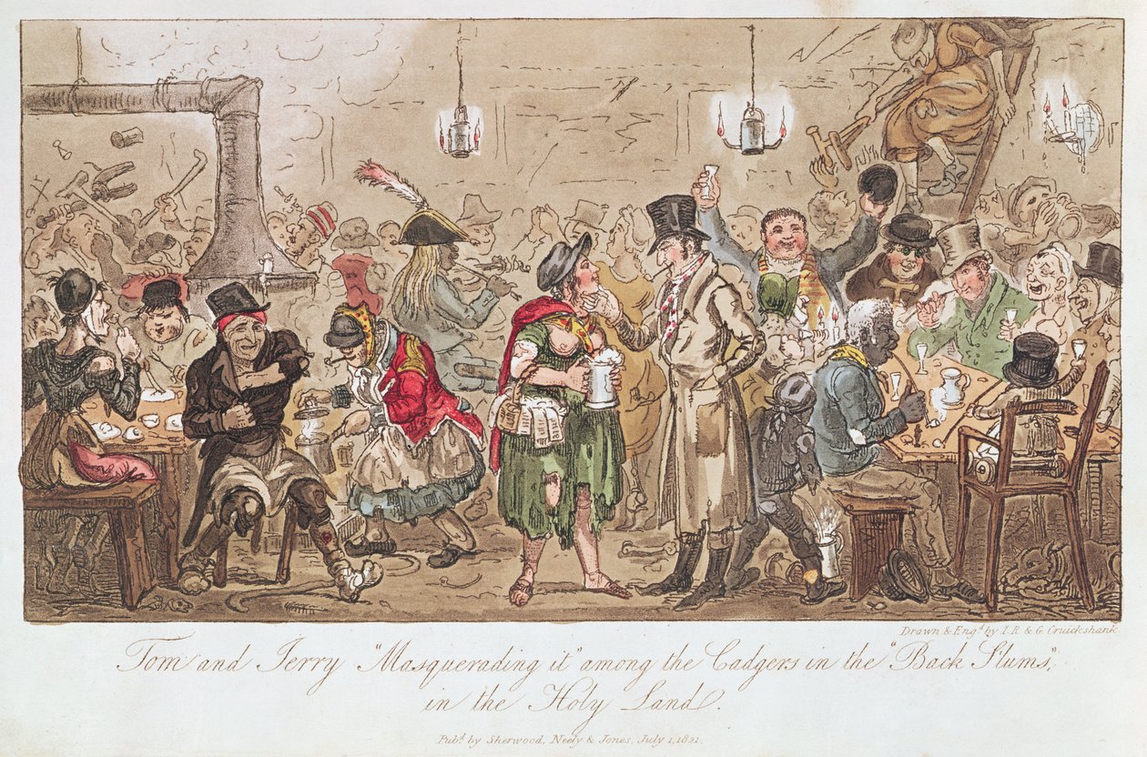 Tom ja Jerry "naamioivat sen" Cadgereiden keskuudessa "Takaisin slummissa" Pyhässä maassa, Pierce Eganin (1772-1849) "Life in London", julkaisija Sherwood, Neely und Jones, 1821 (värietsaus) tekijältä George Cruikshank